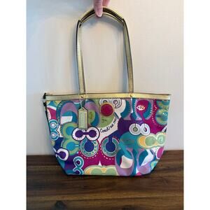 Coach Poppy Pop Graffiti Glam Tote Bag Signature Zip Closure Gold N°D1220-F19434